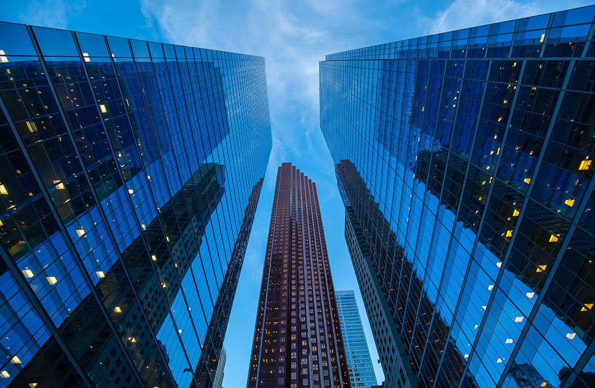 Financial district skyline with banking towers