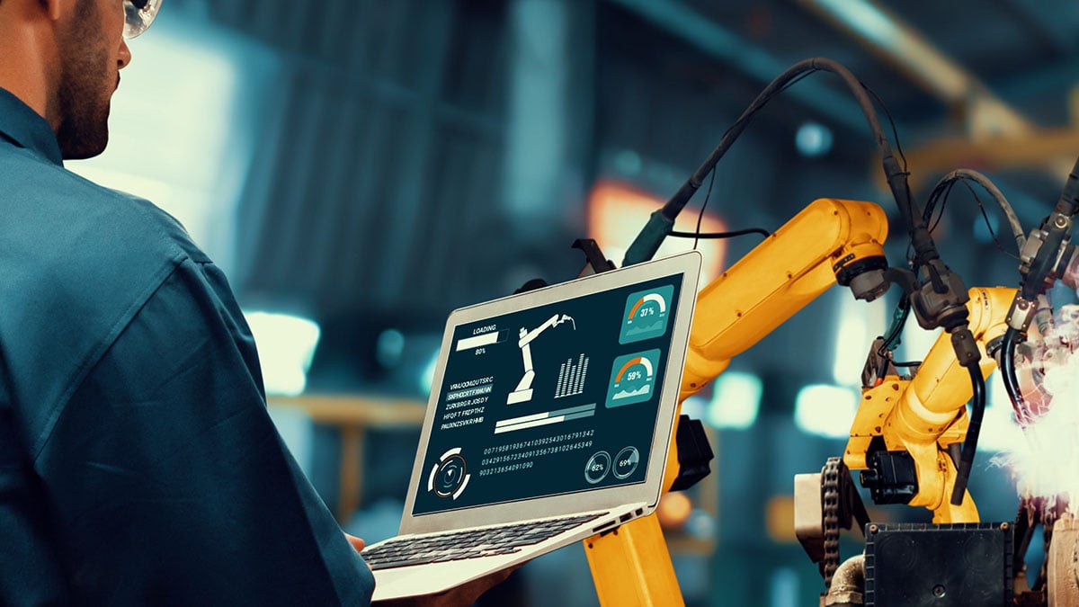 Robotic arms on a smart factory production line